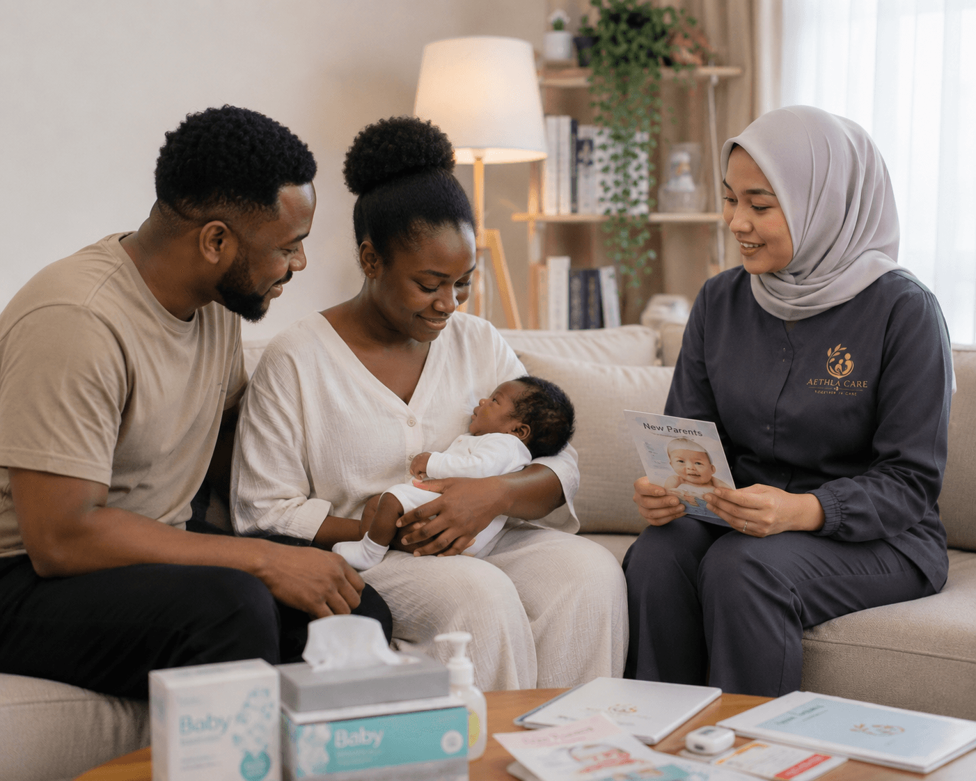 A parent caring for a newborn baby